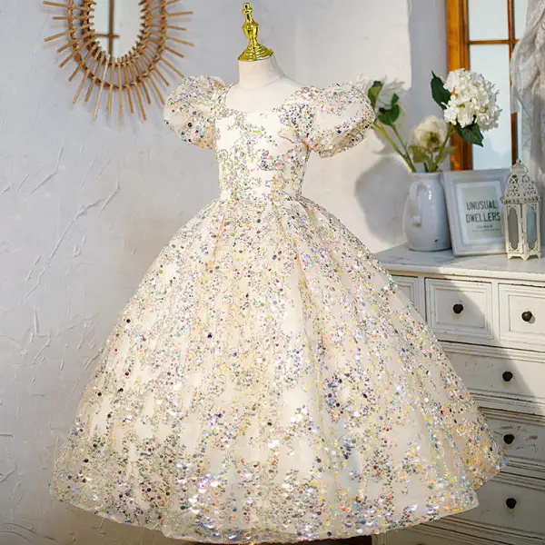 Sparkly Champagne Multi-Colors Sequins Birthday Flower Girl Dresses 2022 Ball Gown Square Neckline Puffy Short Sleeve Backless Floor-Length / Long Flower Girl Dresses