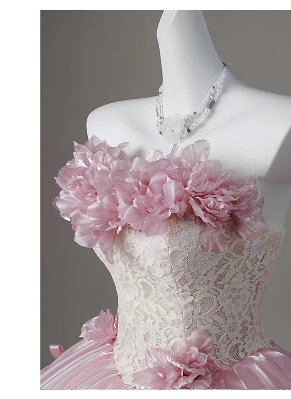 Chic / Beautiful Blushing Pink Appliques Lace Flower Bow Prom Dresses 2026 Ball Gown Strapless Sleeveless Backless Floor-Length / Long Prom Formal Dresses