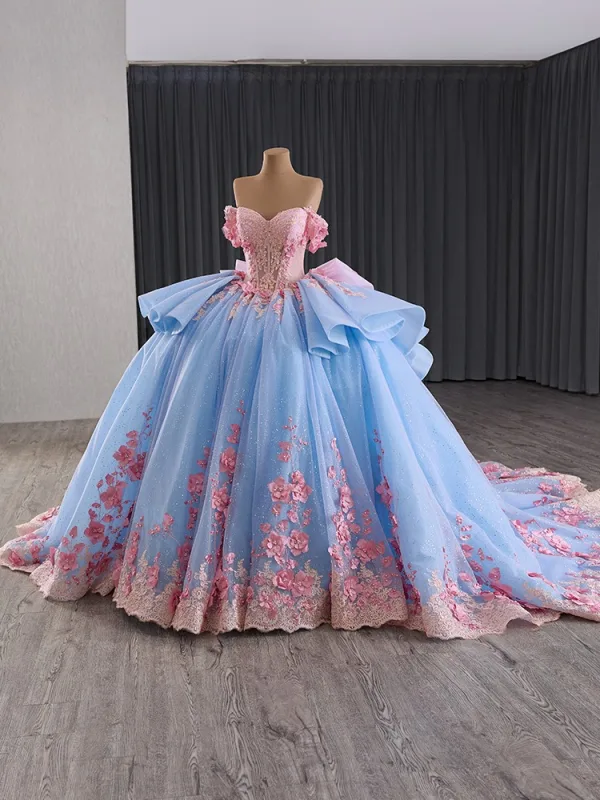 Luxury / Gorgeous Blushing Pink Appliques Pearl Lace Flower Prom Dresses 2024 Ball Gown Off-The-Shoulder Short Sleeve Backless Bow Court Train Prom Formal Dresses