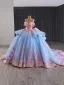 Luxury / Gorgeous Blushing Pink Appliques Pearl Lace Flower Prom Dresses 2024 Ball Gown Off-The-Shoulder Short Sleeve Backless Bow Court Train Prom Formal Dresses