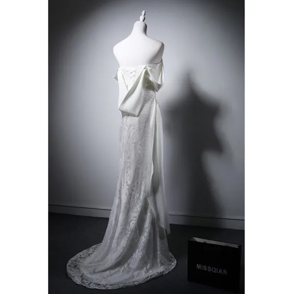Sexy White Pearl Lace Flower Wedding Dresses 2025 Trumpet / Mermaid Off-The-Shoulder Short Sleeve Backless Sweep Train Wedding