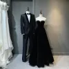 Sexy Black Suede Evening Dresses 2023 A-Line / Princess Strapless Rhinestone Sleeveless Backless Bow Floor-Length / Long Evening Party Formal Dresses