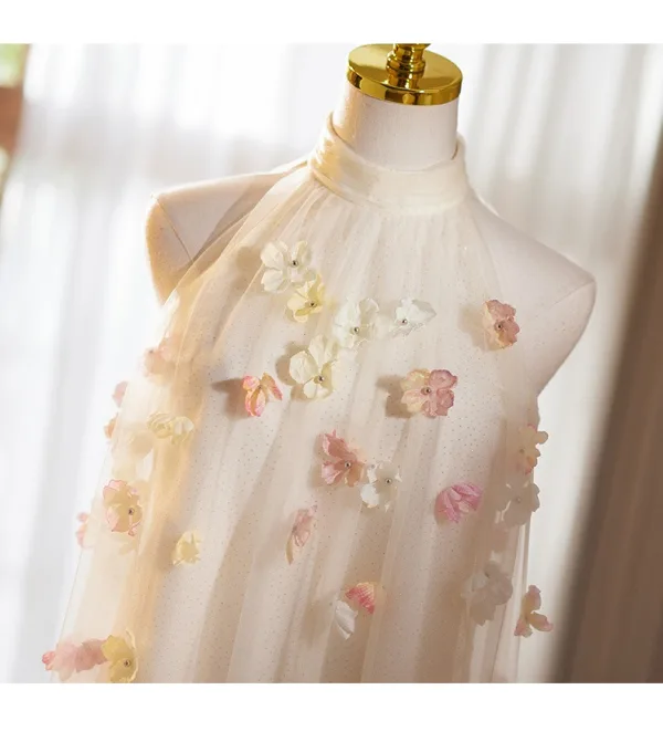 Flower Fairy Blushing Pink Appliques Prom Dresses 2025 A-Line / Princess High Neck Sleeveless Floor-Length / Long Tulle Formal Dresses