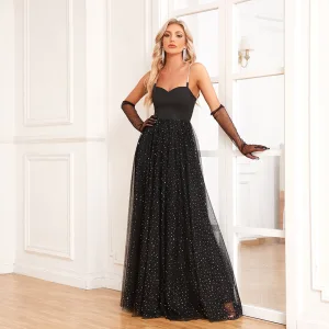 Charming Black Sequins Evening Dresses 2024 A Line Princess Spaghetti Straps Sleeveless Backless Floor Length Long Evening Party Formal Dresses