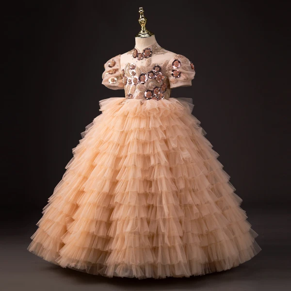 Charmant Champagne Perlage Faux Diamant Paillettes Volants en Cascade Anniversaire Robe Ceremonie Fille 2024 Robe Boule Col Haut Gonflée Manches Courtes Dos Nu Longue
