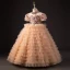 Charmant Champagne Perlage Faux Diamant Paillettes Volants en Cascade Anniversaire Robe Ceremonie Fille 2024 Robe Boule Col Haut Gonflée Manches Courtes Dos Nu Longue
