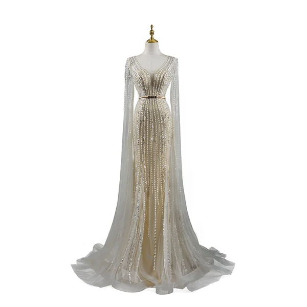 Luxury / Gorgeous Beige Handmade Beading Sequins Evening Dresses 2023 Trumpet / Mermaid V-Neck Long Sleeve Evening Party Sweep Train Formal Dresses