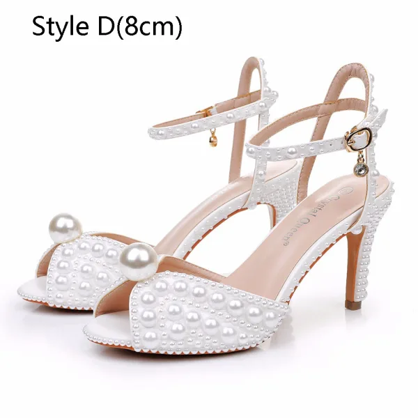 Elegant White Pearl Wedding Shoes 2024 Ankle Strap 8 cm Stiletto Heels Open / Peep Toe Wedding Sandals High Heels