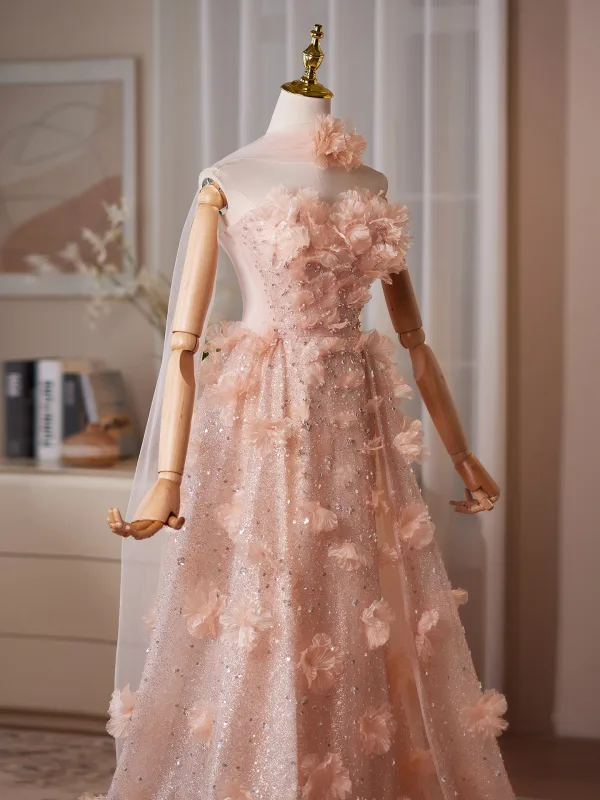 Charming Blushing Pink Appliques Glitter Pearl Rhinestone Prom Dresses 2026 A-Line / Princess Strapless Sleeveless Backless Floor-Length / Long Prom Formal Dresses
