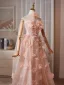 Charming Blushing Pink Appliques Glitter Pearl Rhinestone Prom Dresses 2026 A-Line / Princess Strapless Sleeveless Backless Floor-Length / Long Prom Formal Dresses