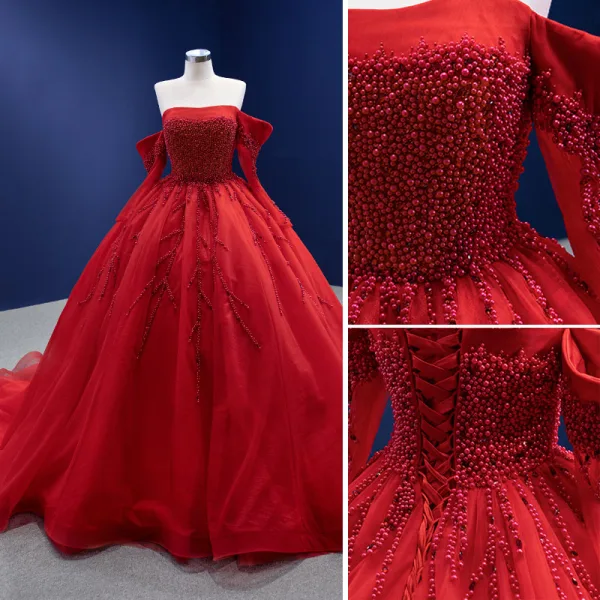 High-end Red Beading Pearl Prom Dresses 2022 Ball Gown Off-The-Shoulder 1/2 Sleeves Backless Chapel Train
