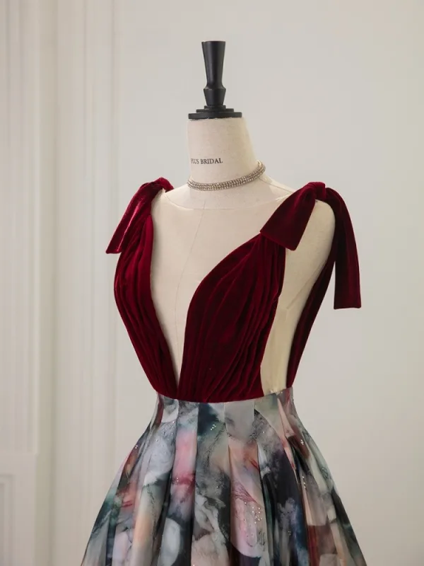 Vintage / Retro Burgundy Prom Dresses 2025 A-Line / Princess V-Neck Sleeveless Backless Floor-Length / Long Formal Dresses