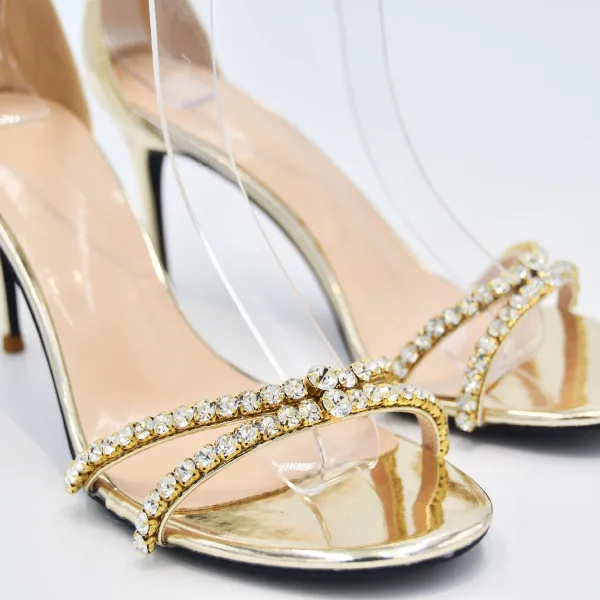 Sexy Gold Rhinestone Evening Party Womens Sandals 2022 Leather Ankle Strap 8 cm Stiletto Heels Open / Peep Toe Sandals High Heels