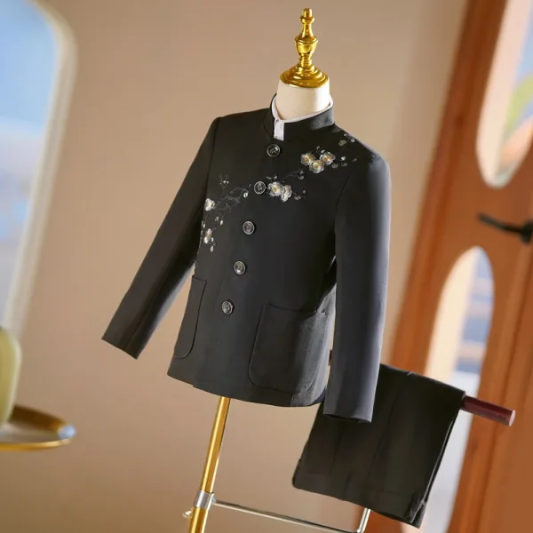 Chinesischer Stil Schwarz 3 Stück Stickerei Lange Ärmel Anzüge Jungs 2025 Mantel Hose Hemd Hochzeit