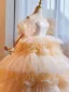 Mode Champagne Volants en Cascade Fleur Robe De Bal 2024 Robe Boule De l'épaule Manches Courtes Dos Nu Longue Promo Robe De Ceremonie