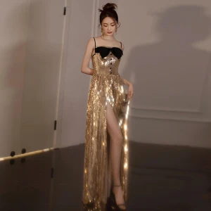 Sexy Doré Paillettes Fendue Devant Robe De Soirée 2024 Trompette Sirène Bretelles Spaghetti Sans Manches Dos Nu Longue Soirée Robe De Ceremonie