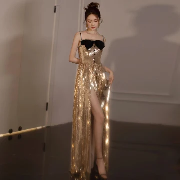 Sexy Gold Sequins Split Front Evening Dresses 2024 Trumpet Mermaid Spaghetti Straps Sleeveless Backless Floor Length Long Evening Party Formal Dresses