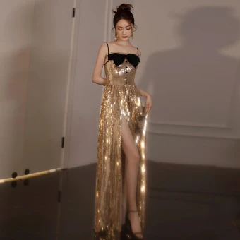 Sexy Gold Sequins Split Front Evening Dresses 2024 Trumpet Mermaid Spaghetti Straps Sleeveless Backless Floor Length Long Evening Party Formal Dresses