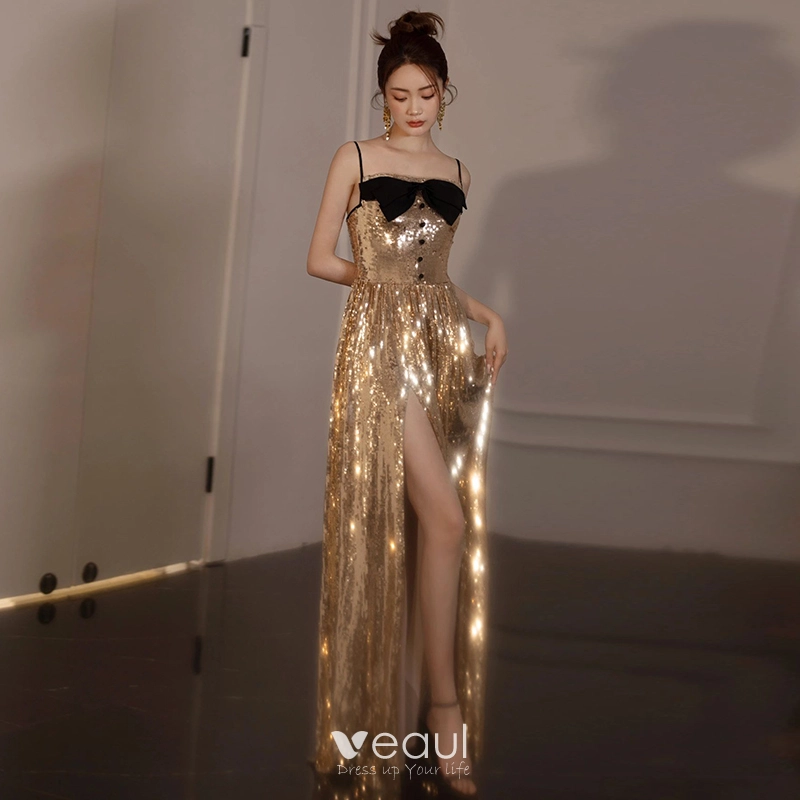 Sequin Gold Trumpet Mermaid Spaghetti Straps Prom Dress