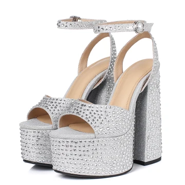 Sexy Silver Cocktail Party Evening Party Rhinestone Womens Sandals 2023 Leather Ankle Strap 15 Cm Thick Heels Open Peep Toe Sandals High Heels