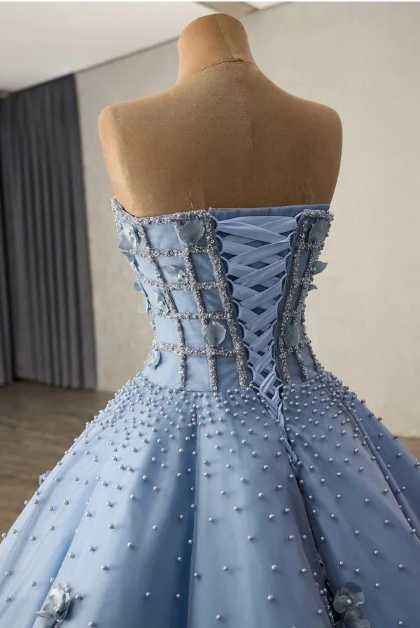 Luxury / Gorgeous Flower Fairy Pool Blue Handmade  Beading Pearl Sequins Appliques Prom Dresses 2025 Ball Gown Strapless Sleeveless Backless Floor-Length / Long