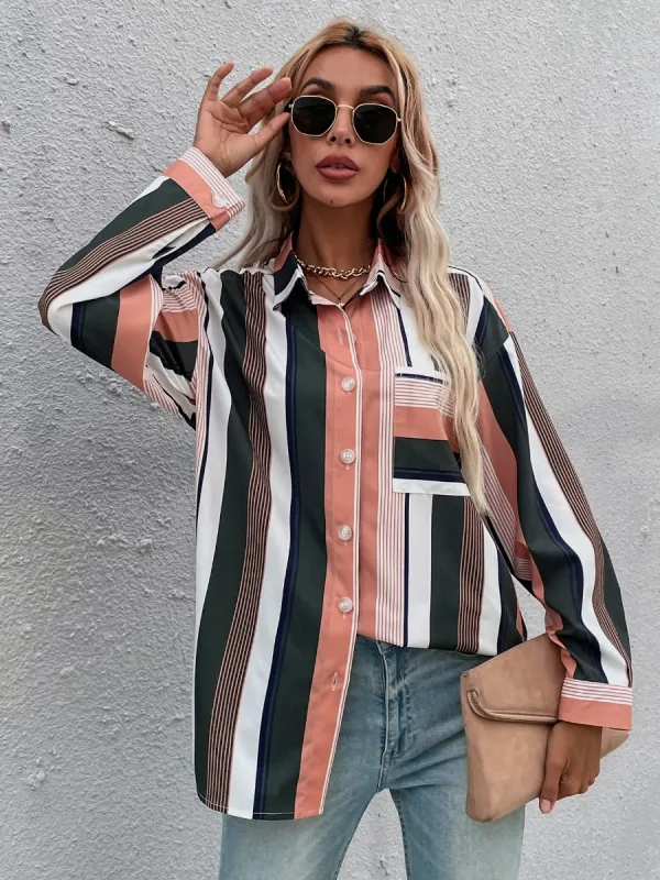 Fashion Women Multi-Colors Stripe Loose Blouses 2021 Lapel Long Sleeve Street Wear