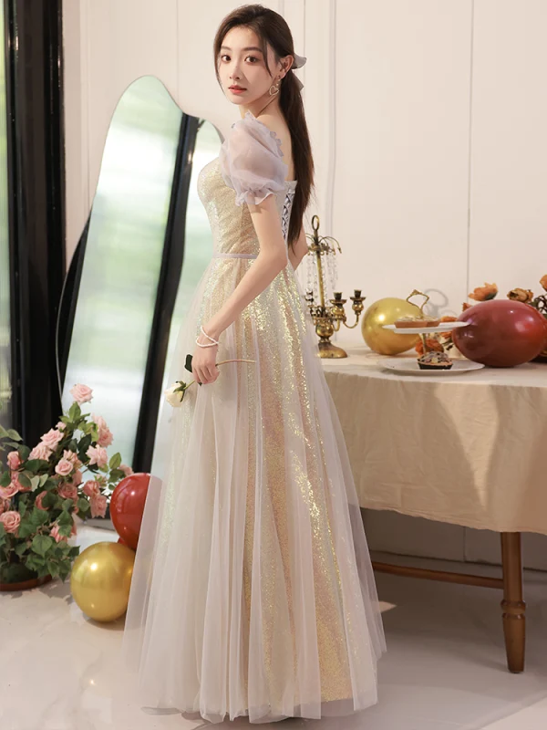 Chic / Beautiful Gold Sequins Bridesmaid Dresses 2023 A-Line / Princess Off-The-Shoulder Short Sleeve Backless Floor-Length / Long Bridesmaid Dresses