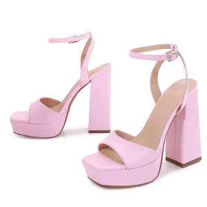 Mode Rougissant Rose Soirée Été Sandales Femme 2022 Bride Cheville 12 Cm Talons Épais Peep Toes Bout Ouvert Sandales Talons Hauts