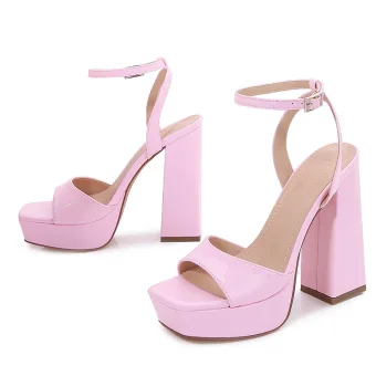 Mode Rougissant Rose Soirée Été Sandales Femme 2022 Bride Cheville 12 Cm Talons Épais Peep Toes Bout Ouvert Sandales Talons Hauts