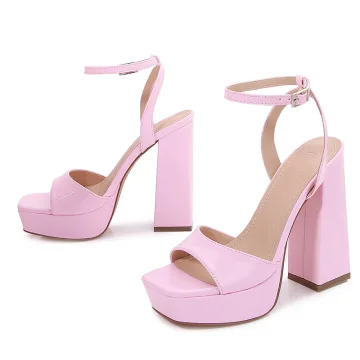 Fashion Blushing Pink Evening Party Summer Womens Sandals 2022 Ankle Strap 12 Cm Thick Heels Open Peep Toe Sandals High Heels