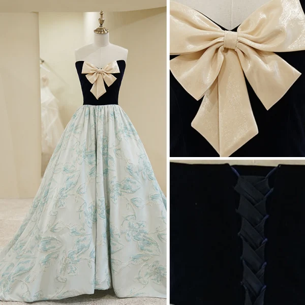 Elegant Black Prom Dresses 2022 A-Line / Princess Strapless Bow Sleeveless Backless Sweep Train Prom Formal Dresses