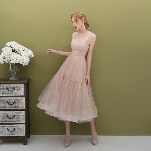 Modest / Simple Sage Green Homecoming Graduation Dresses 2019 A-Line / Princess Spaghetti Straps Sleeveless Tea-length Ruffle Backless Formal Dresses
