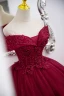 Elegant Burgundy Beading Sequins Lace Flower Prom Dresses 2022 Ball Gown Off-The-Shoulder Short Sleeve Backless Floor-Length / Long Prom Formal Dresses