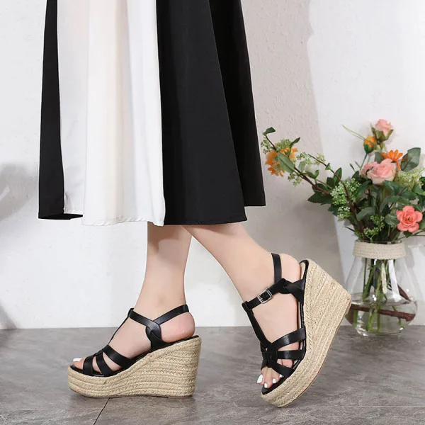 Romain Été Noire Tresser Sandales Femme 2022 Vêtement de rue T-Strap 10 cm Compensées Peep Toes / Bout Ouvert Sandales