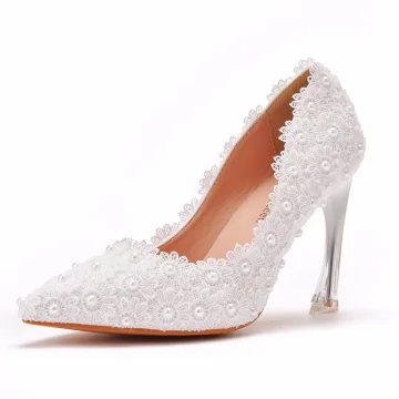 Elegant White Pearl Lace Flower Wedding Shoes 2022 9 Cm Stiletto Heels Pointed Toe Wedding Pumps High Heels