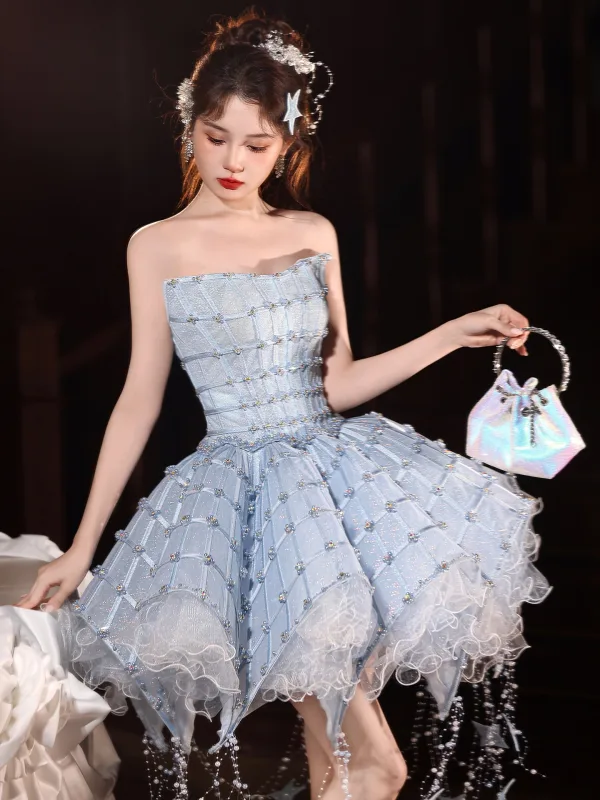 Sexy Sky Blue Pearl Sequins Short Party Dresses 2026 Ball Gown Strapless Sleeveless Backless Cocktail Party Evening Party Formal Dresses