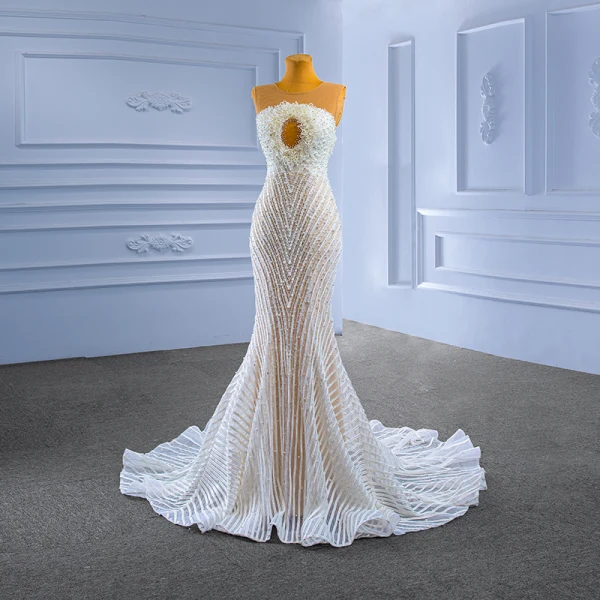 Luxury / Gorgeous White Beading Pearl Wedding Dresses 2022 Trumpet / Mermaid Scoop Neck Sleeveless Backless Court Train Wedding