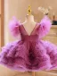 Chic / Beautiful Lilac Cascading Ruffles Pearl Birthday Flower Girl Dresses 2023 Ball Gown Scoop Neck Short Sleeve Backless Short