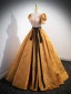 Elegant Yellow Beading Sequins Prom Dresses 2024 Ball Gown Square Neckline Puffy Short Sleeve Bow Sash Backless Floor-Length / Long Prom Formal Dresses