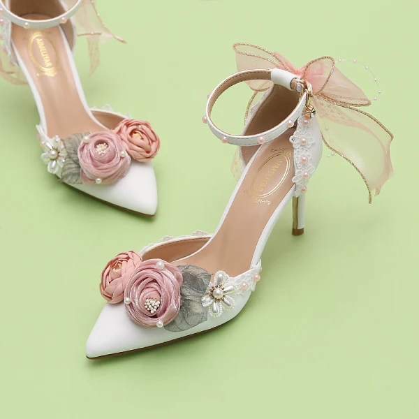 Lovely White Pearl Appliques Bow Prom Womens Sandals 2024 Ankle Strap 9 cm Stiletto Heels Pointed Toe Womens Shoes High Heels