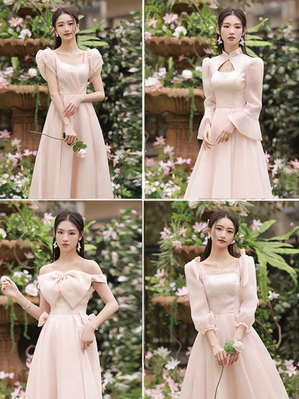 Modest / Simple Blushing Pink Bridesmaid Dresses 2022 A-Line / Princess Backless Bow Floor-Length / Long Bridesmaid Wedding Party Dresses