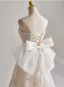 Vintage / Retro White Pearl Lace Flower Wedding Dresses 2025 A-Line / Princess Strapless Sleeveless Backless Bow Floor-Length / Long