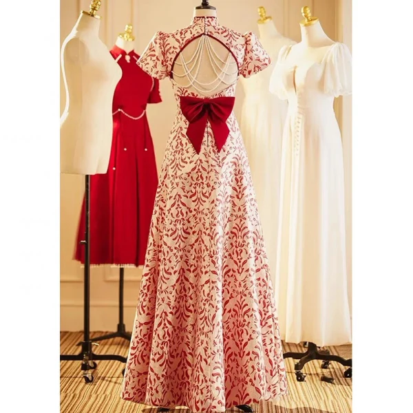 Vintage / Retro Chinese style Red Printing Cheongsam 2022 A-Line / Princess High Neck Short Sleeve Backless Pearl Bow Floor-Length / Long Evening Party Cheongsam / Qipao