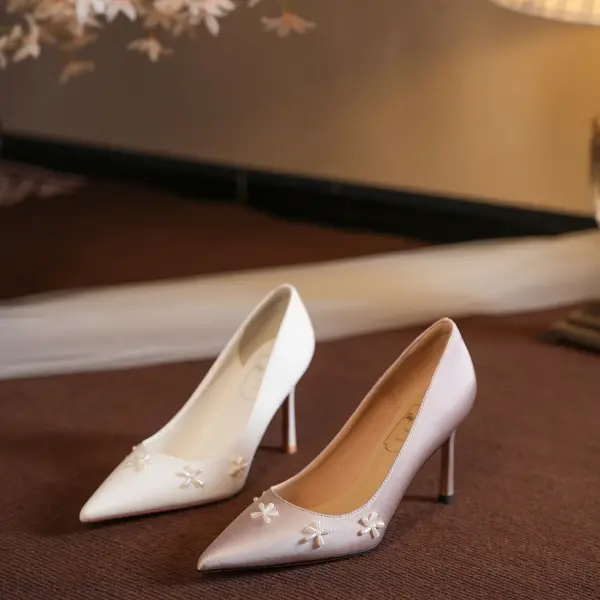 Elegant White Pearl Leather Wedding Shoes 2026 Wedding 8 cm Stiletto Heels Pointed Toe Pumps High Heels