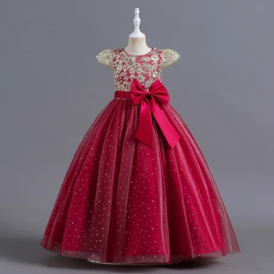 Chic Beautiful Burgundy Sequins Lace Flower Birthday Flower Girl Dresses 2024 Ball Gown Scoop Neck Cap Sleeves Bow Sash Floor Length Long