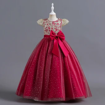 Chic Beautiful Burgundy Sequins Lace Flower Birthday Flower Girl Dresses 2024 Ball Gown Scoop Neck Cap Sleeves Bow Sash Floor Length Long