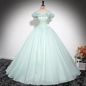 Élégant Vert Citron Robe De Bal 2024 Robe Boule De L Épaule Volants Manches Courtes Dos Nu Longue Promo Robe De Ceremonie