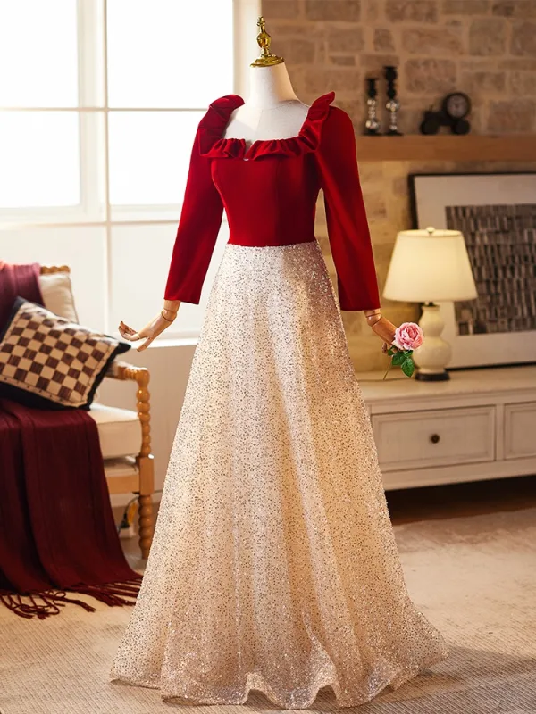 Chic / Belle Bordeaux Paillettes Robe De Bal 2024 Princesse Encolure Carrée Manches Longues Dos Nu Longue Promo Robe De Ceremonie