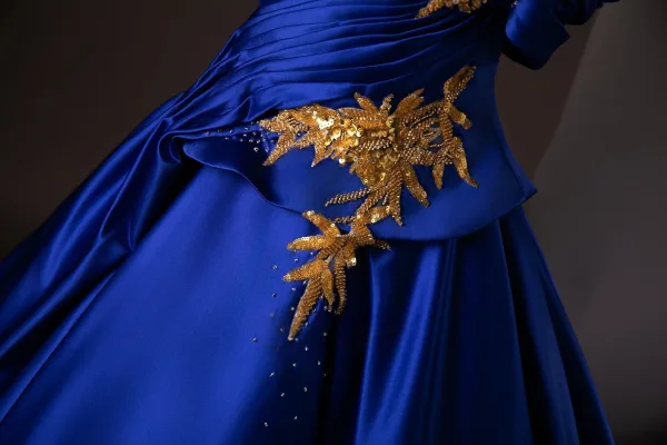 Vintage / Retro Royal Blue Beading Sequins Embroidered Prom Dresses 2025 Ball Gown One-Shoulder Short Sleeve Backless Floor-Length / Long Formal Dresses