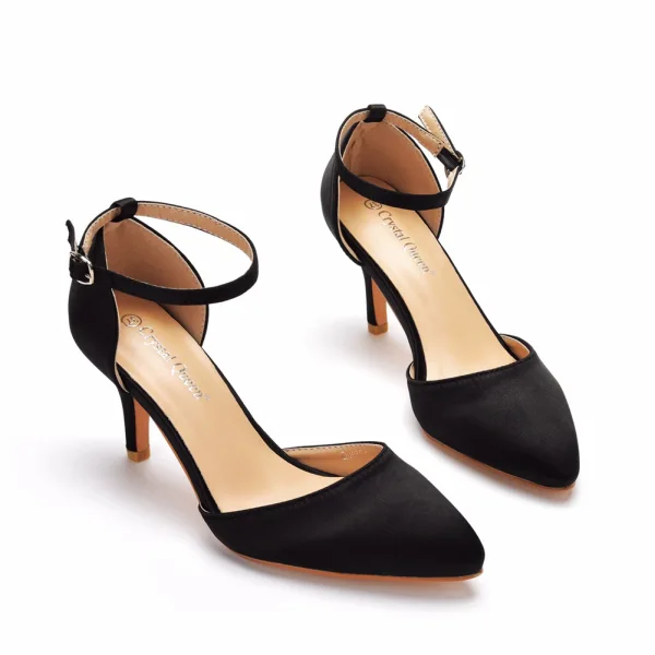 Schlicht Schwarz Ball Sandalen Damen 2024 Knöchelriemen 7 cm Stilettos Spitzschuh Hochhackige